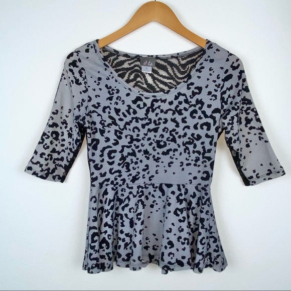 M NEW Dots Gray Black Leopard Print Half Sleeve Mesh Lace Back Peplum Tee Top - Picture 4 of 7